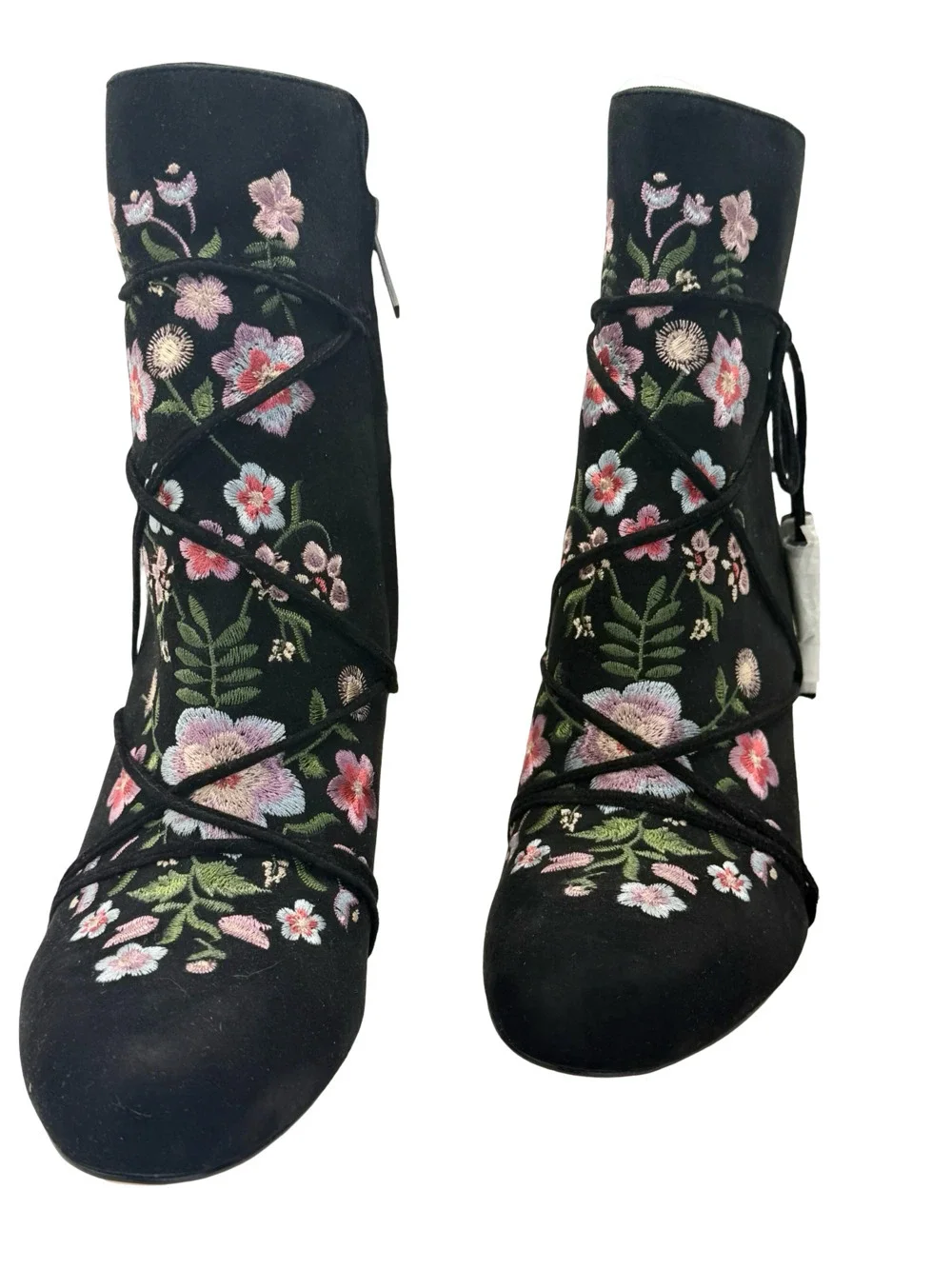 Sam Edelman Floral Embroidered Suede Lace-Up Block Heel Ankle Boots